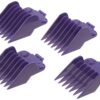 A set of four purple plastic combs.