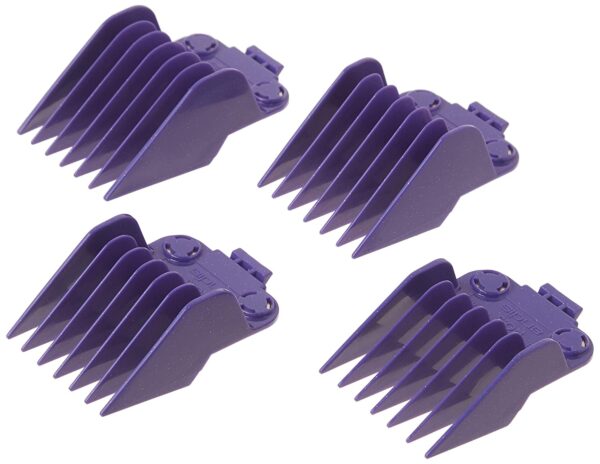 A set of four purple plastic combs.