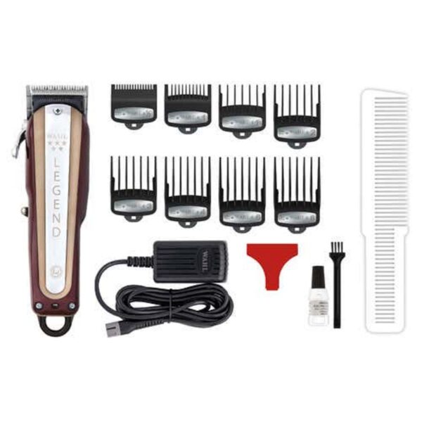 A set of hair clippers and combs are sitting on the table.