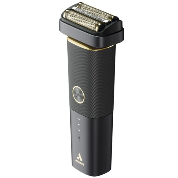 A black and gold electric razor on top of a white background.