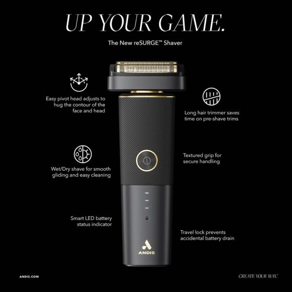 A black and gold electric razor with the text " up your game ".