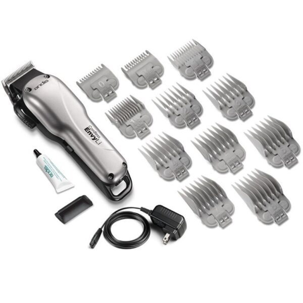 A silver and black hair clipper with 1 2 different combs.