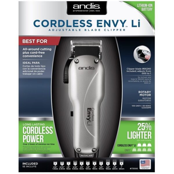 A cordless hair clipper is shown in its packaging.